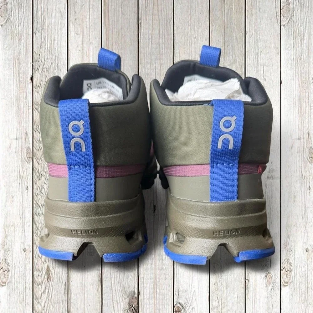On Cloudhero Mid Waterproof Hiking Boots Cherry Olive Blue Youth 4.5Y NEW